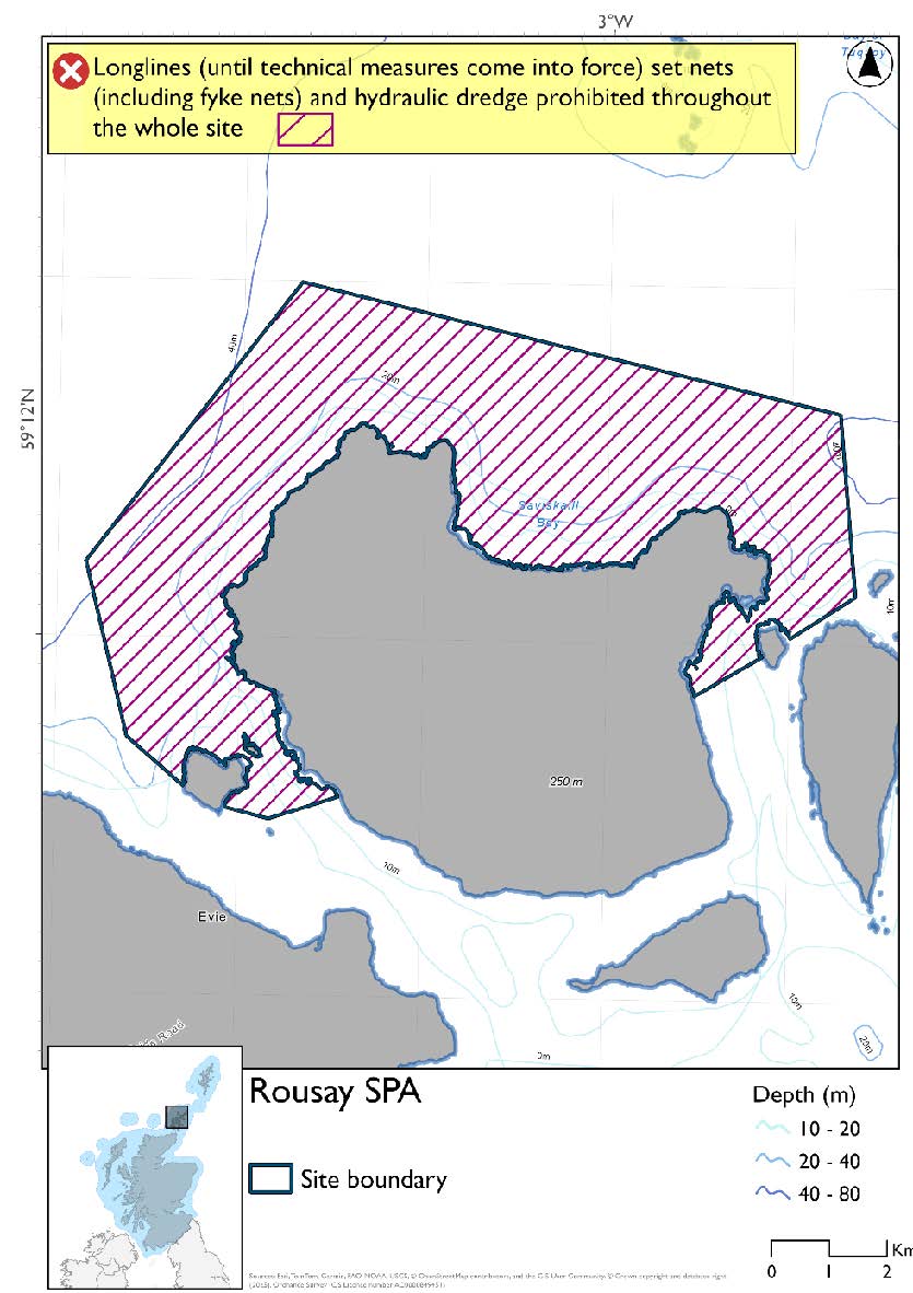 Map shows Rousay SPA, which covers the waters around the Northern and Western coasts of Rousay, from just beyond Eynhallow to just beyond the Holm of Stockness (taking in some of both of these islands' coasts). Set nets (including fyke nets), longlines (until technical measures come into force) and hydraulic dredges are prohibited throughout the site.