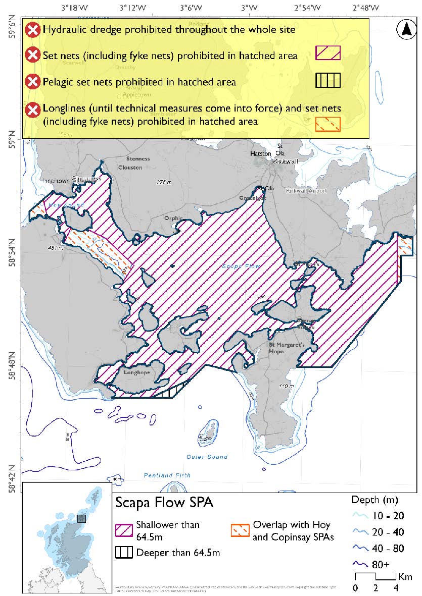 Map shows Scapa Flow SPA, an area covering Scapa flow and the surrounds as far as Innertown in the west, Aith Hope and herston head in the south, and The Grud and The Geo in the east. Most of the site is shallower than 64.5m where set nets (including fyke nets are prohibited. In a small area to the south of the site deeper than 64.5m pelagic set nets are prohibited. Hydraulic dredges prohibited year round. Longlines (until technical measures come into force) prohibited in overlapping areas with Hoy and Copinsay SPAs.