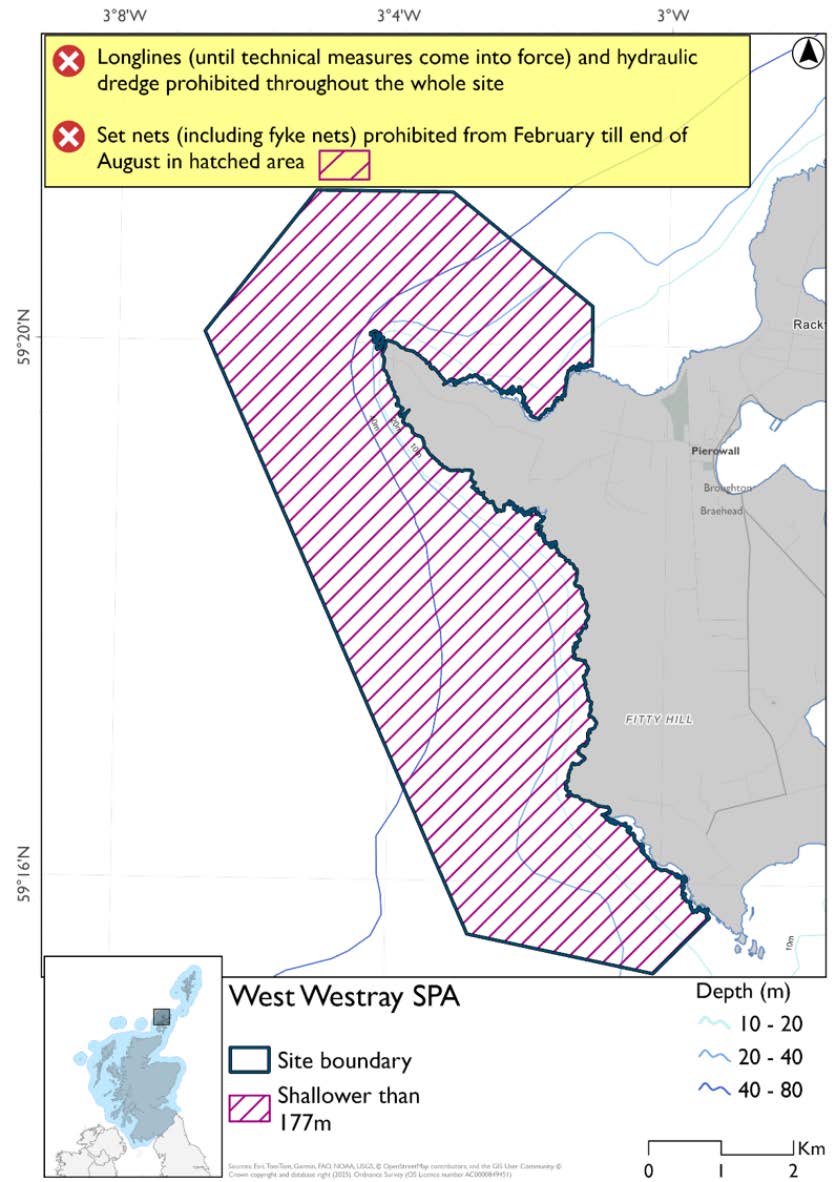 Map shows West Westray SPA, an area covering the west coast of Westray from the Knowe of Kirbist to just west of Grobost beach. The entire area is shallower than 177m. In this area set nets (including fyke nets) are prohibited February to end of August, with longlines (until technical measures come into force) and hydraulic dredges prohibited year-round.