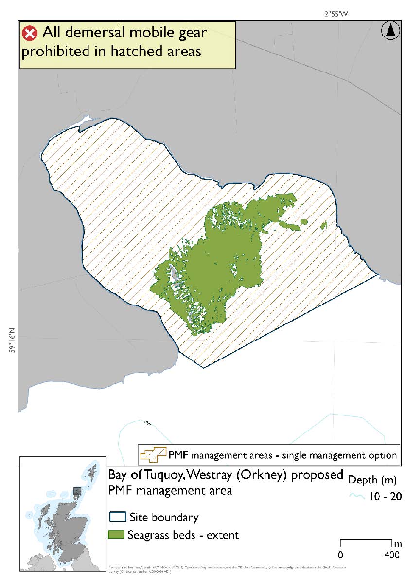 Map shows the protected area covers the whole of the Bay of Tuquoy. Seagrass beds are shown to extend across most of the outer portion of the bay.