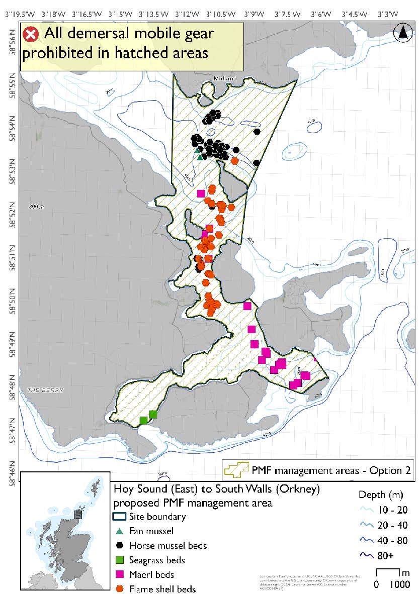Map shows area for measures extending from the south coast of Mainland along the coast of Hoy to South Walls. The area extends as far as Switha in the southeast, running through the strait between Fara and Hoy and up to Toy Ness on Mainland. Many horse mussel records are found north of Cava, alongside some fan mussels. In the centre of the area there are flame shell, horse mussel, and maerl bed records. maerl beds also exist near the coast of Flotta, and seagrass records on the northwest coast of South Walls.