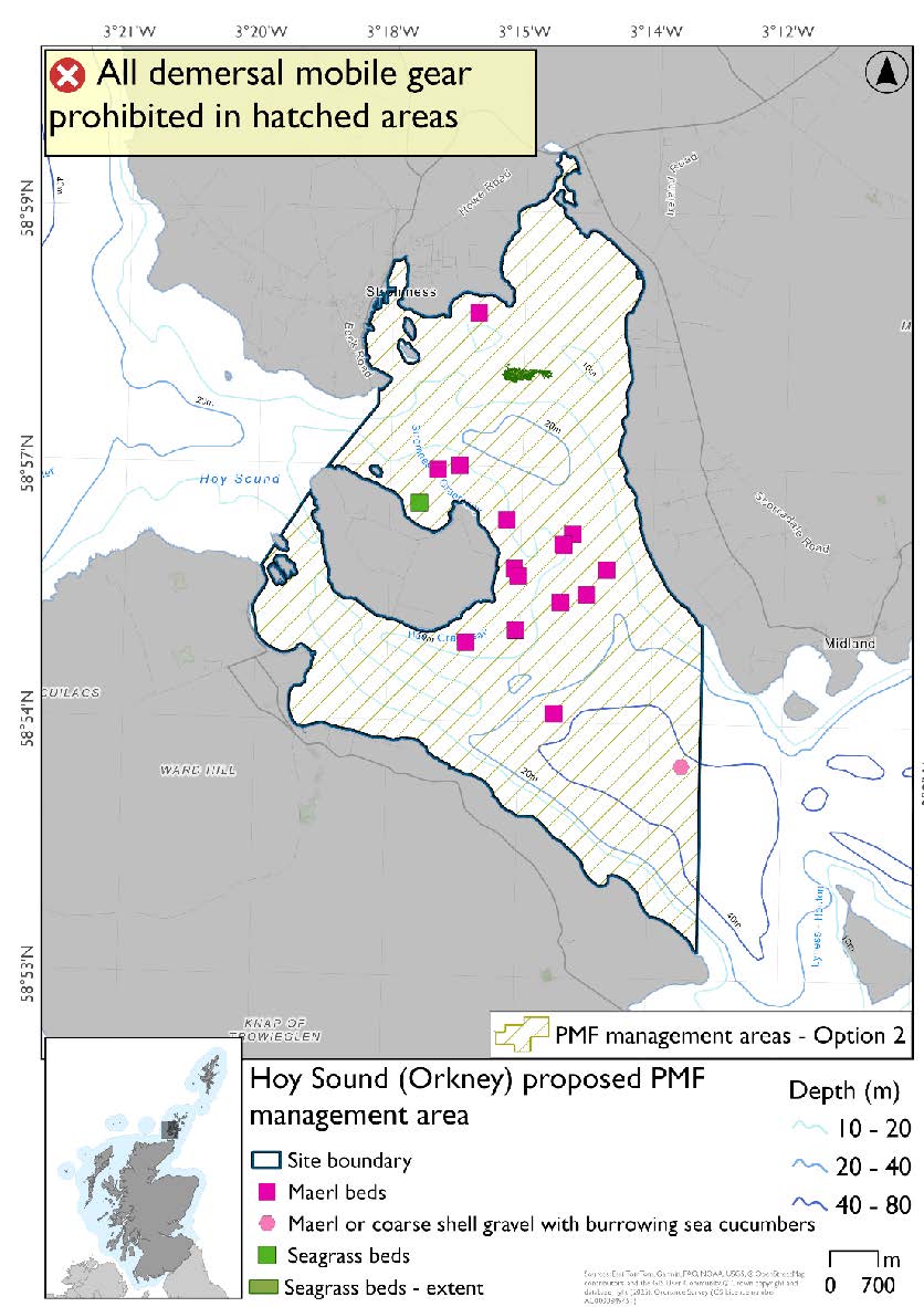 Map shows area for measures to cover the area between Hoy and Mainland from the northwest tip of Graemsay down to Green Head on Hoy. Maerl bed records are evident in the north and east of the area, with seagrass beds evident north of Graemsay. This area includes a maerl or coarse shell gravel with burrowing sea cucumbers record just north of Green head that is not included in option 1.