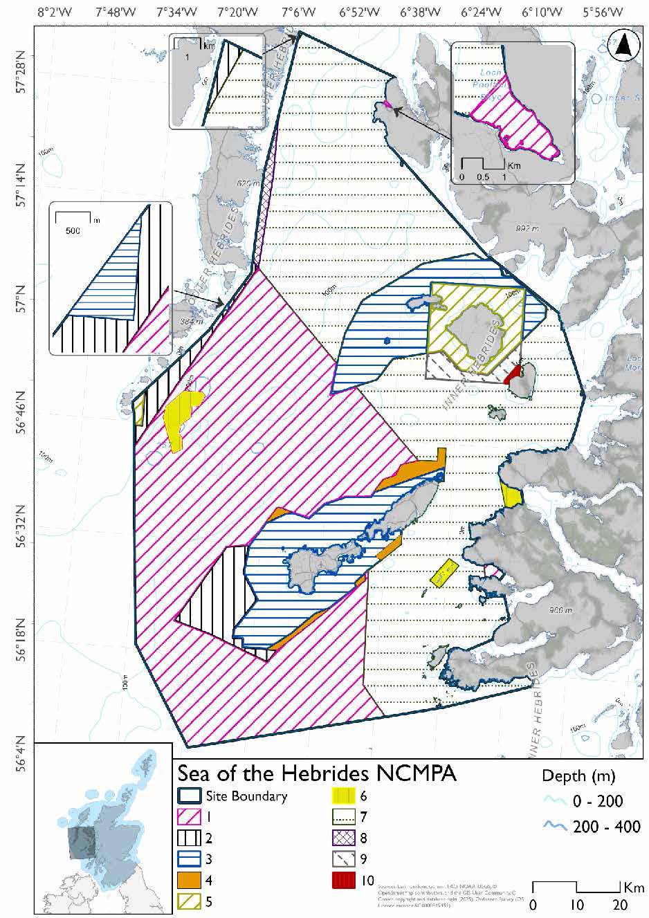 Option 1 map shows the Sea of the Hebrides Nature Conservation Marine Protected Area (NCMPA), covering waters off the west coast of Scotland, From the southwest coast of Mull to Loch nam Madadh and the mouth of Loch Dunvegan. 10 zones are marked on the map where measures will vary, largely where another site overlaps or exists within the NCMPA. The measures for these zones are not detailed on the map. No full site measures are detailed on the map.