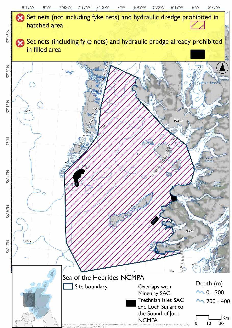 Option 2 map shows the Sea of the Hebrides Nature Conservation Marine Protected Area (NCMPA), overing waters off the west coast of Scotland, From the southwest coast of Mull to Loch nam Madadh and the mouth of Loch Dunvegan. Set nets (not including fyke nets) and hydraulic dredges are proposed for prohibition throughout the NCMPA. The areas where the site overlaps with Mingulay SAC, Treshnish Isles SAC and Loch Sunart to the Sound of Jura NCMPA are marked on the map; in these areas set nets (including fyke nets) and hydraulic dredges are already prohibited.