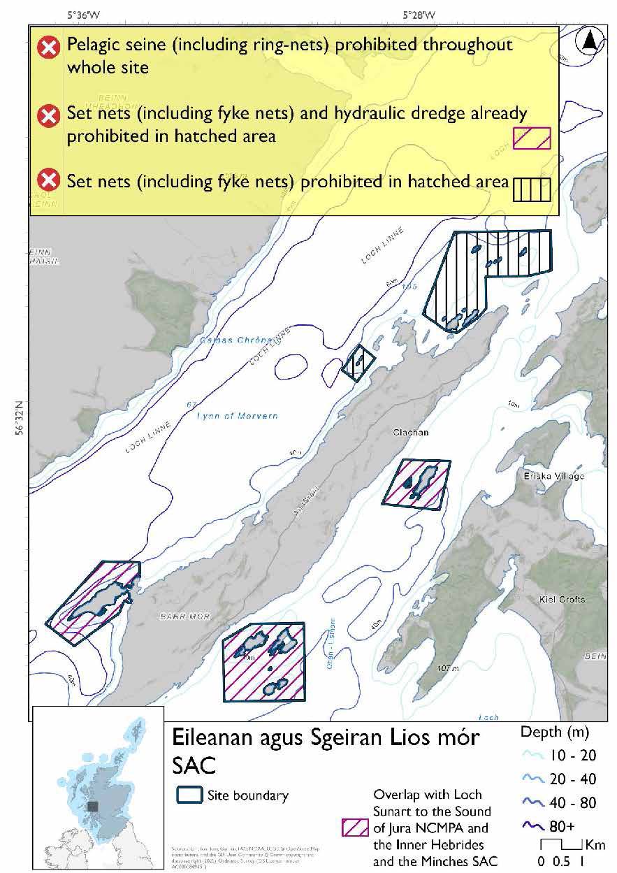 Single option map of Eileanan agus Sgeiran Lios mor Special Area of Conservation (SAC), five discrete areas surrounding islands and skerries around Lismore. The three southern areas overlap with Loch Sunart to the Sound of Jura and the Inner Hebrides and Minches SACs, where set nets (including fyke ents) and hydraulic dredges are already prohibited. Set nets (including fyke nets) are also prohibited in the northern areas. Pelagic Seine (including ring nets) are prohibited throughout the whole site.