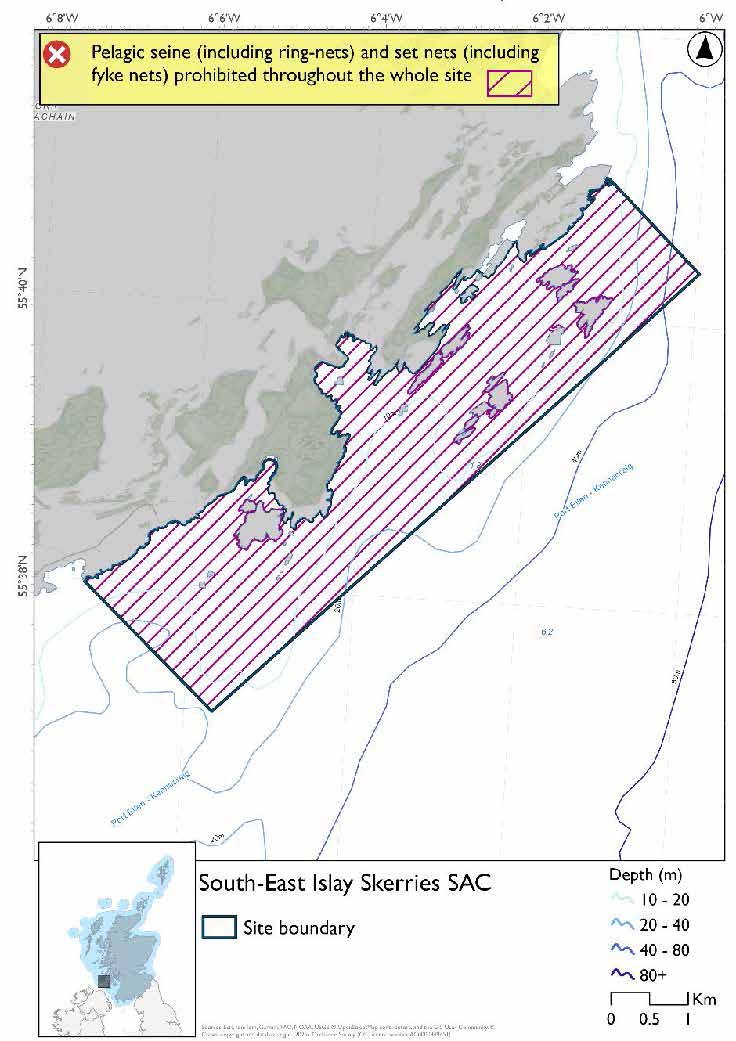 Single option map of South-east Islay Skerries Special Area of Conservation (SAC) in Scotland, showing conservation boundaries, depth contours, and full site closure to pelagic seine (including ring-nets) and set nets (including fyke nets).