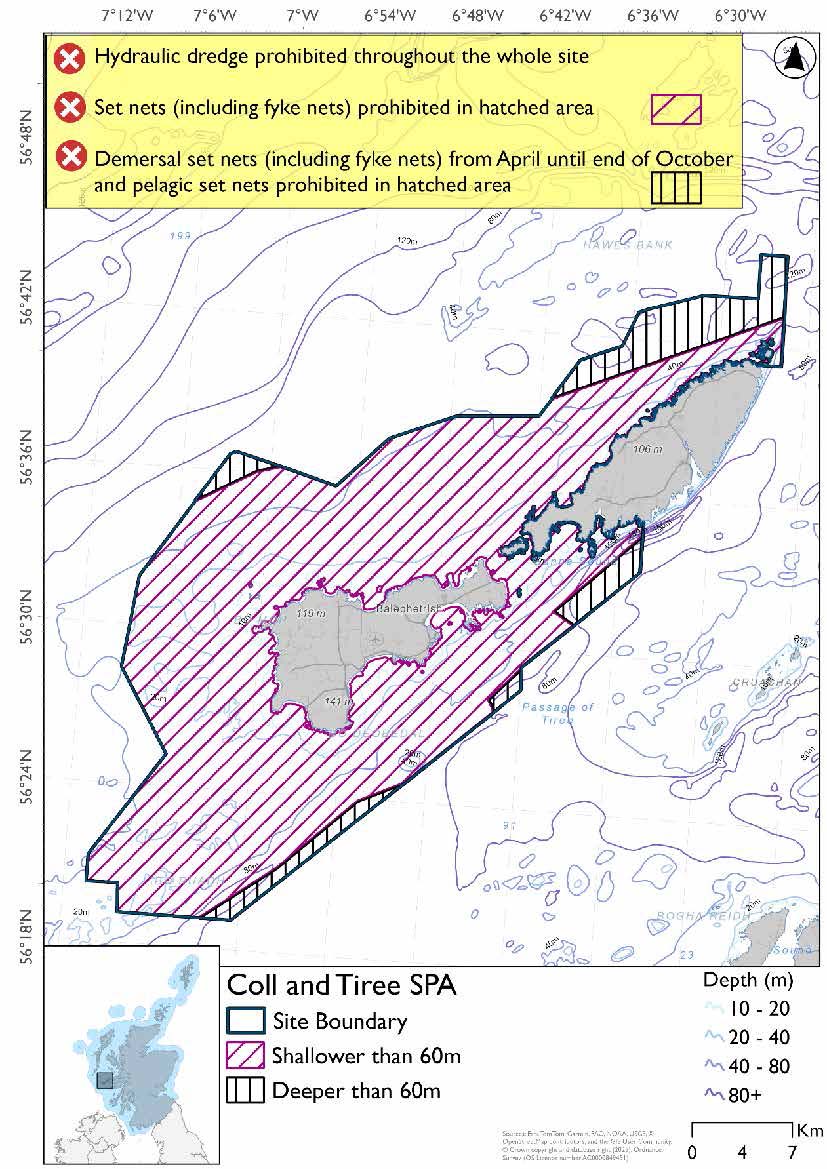 Single option map of South-east Islay Skerries Special Area of Conservation (SAC) in Scotland, showing conservation boundaries, depth contours, and full site closure to pelagic seine (including ring-nets) and set nets (including fyke nets).