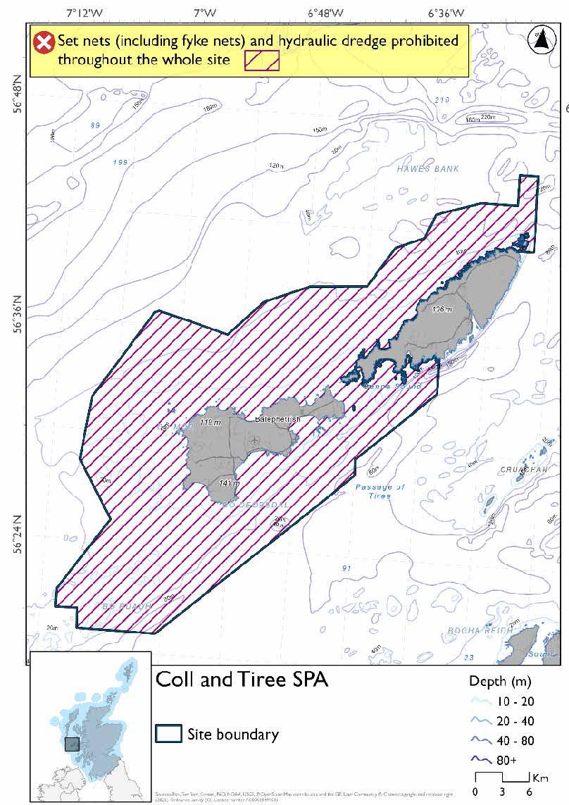 Map shows Coll and Tiree SPA, an area surrounding Tiree and extending up the north coast of Coll. Set nets (including fyke nets), and hydraulic dredges are prohibited throughout the site.