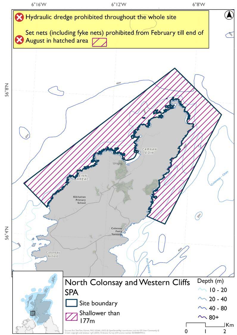 Map shows North Colonsay and Western Cliffs SPA, an area of waters immediately off the northern and northwestern coast of Colonsay. The entire site is less than 177m deep. Throughout the site set nets (including fyke nets) are prohibited February to end August, while hydraulic dredges are prohibited year-round.
