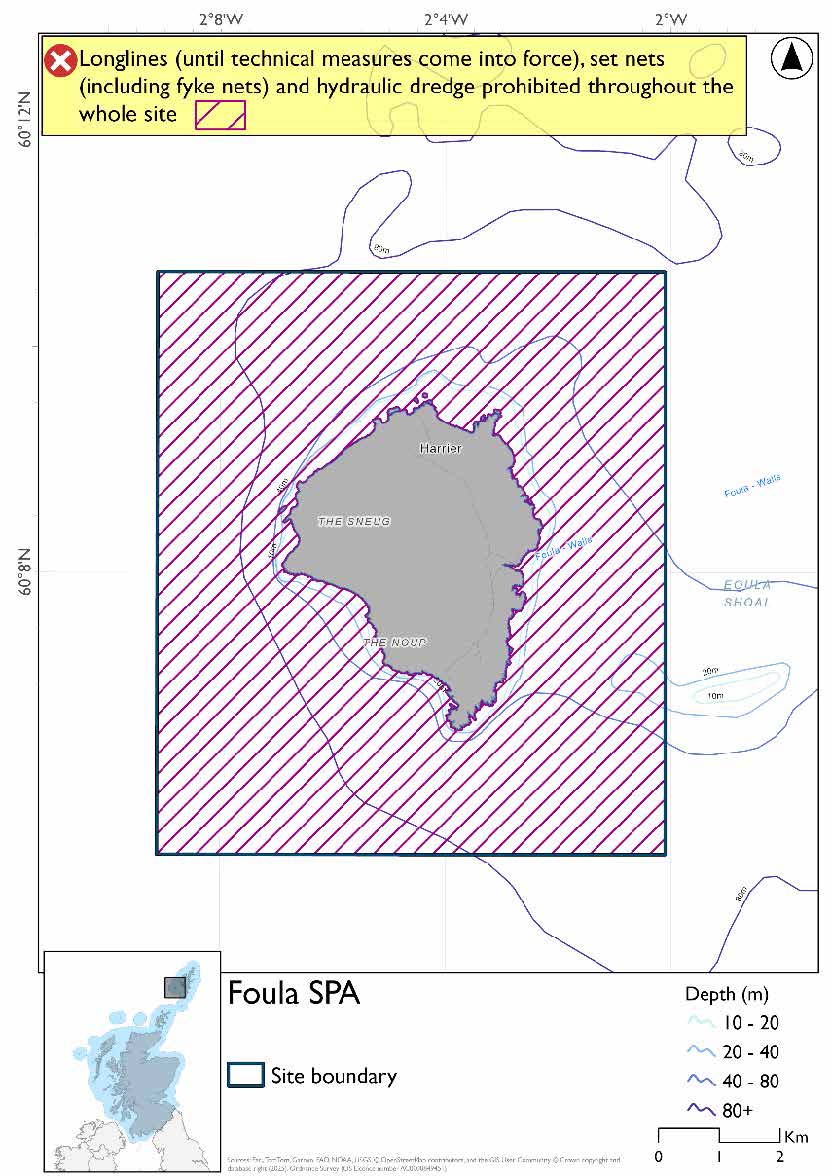 Map shows Foula SPA, a rectangular area surrounding Foula. Set nets (including fyke nets), longlines (until technical measures come into force), and hydraulic dredges are prohibited throughout the site.