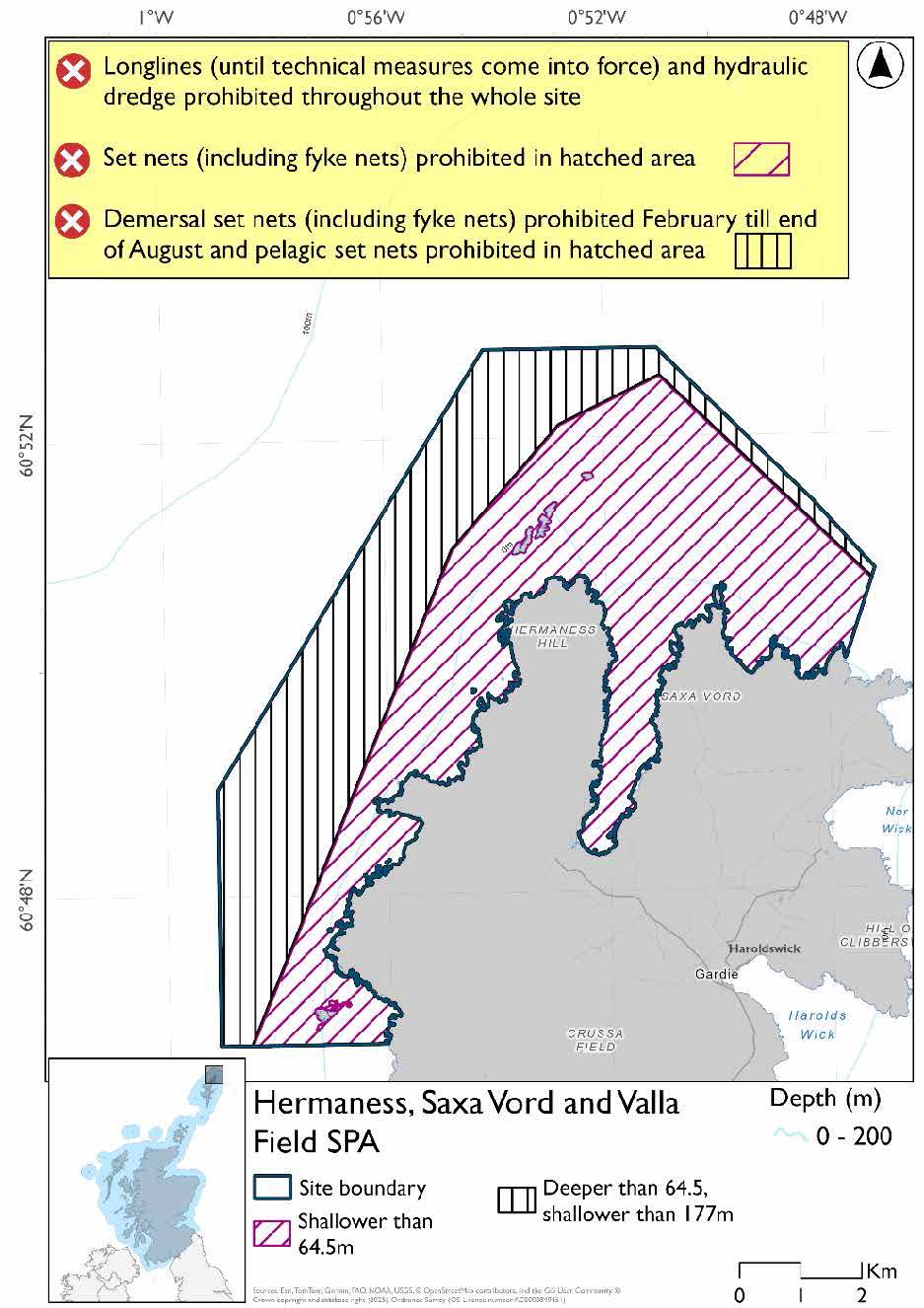 Map shows Hermaness, Saxa Vord, and Valla Field SPA, an area on the northwestern coast of Unst from Valla field round to Saxa Vord, including all of Burrafirth. The waters adjacent to the coast are shallower than 64.5m, where set nets (including fyke nets) are prohibited . The area also includes a region deeper than 64.5m but shallower than 177m, largely to the west. In this deeper area demersal set nets (including fyke nets) are prohibited February to end of August and pelagic set nets prohibited. Longlines (until technical measures come into force) and hydraulic dredges are prohibited year round.
