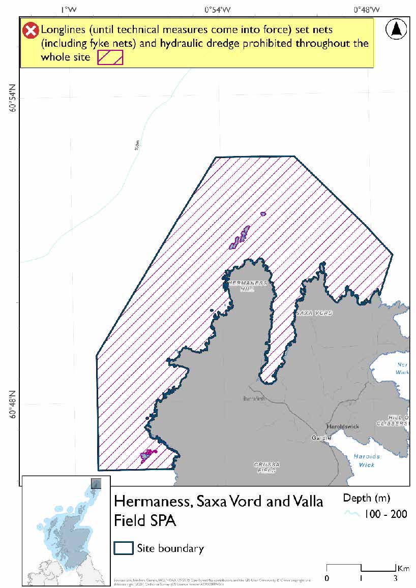 Map shows Hermaness, Saxa Vord, and Valla Field SPA, an area on the northwestern coast of Unst from Valla field round to Saxa Vord, including all of Burrafirth. Throughout the area set nets (including fyke nets), longlines (until technical measures come into force), and hydraulic dredges are prohibited year round.