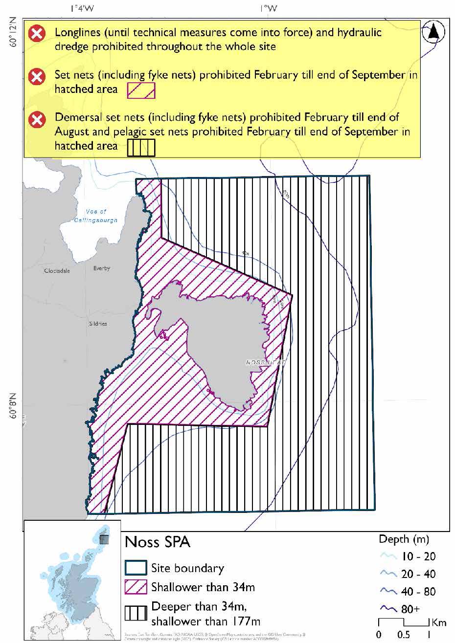 Map shows Noss SPA, a rectangular area extending from the Bressay coast southwards from the Voe of Callingsburgh to encompass the isle of Noss and the waters around it. The waters immediately surrounding Noss and along the Bressay coast are shallower than 34 metres. In this shallower area set nets (including fyke nets) are prohibited from February to the end of September. In the remainder of the site, which is deeper than 34m but shallower than 177m demersal set nets (including fyke nets) are prohibited February to end of August and pelagic set nets prohibited February to end of September. Longlines (until technical measures come into force) and hydraulic dredges are prohibited throughout the site.
