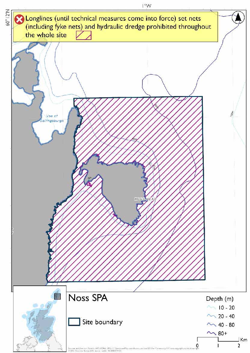 Map shows Noss SPA, a rectangular area extending from the Bressay coast southwards from the Voe of Callingsburgh to encompass the isle of Noss and the waters around it. Set nets (including fyke nets), longlines (until technical measures come into force) and hydraulic dredges are prohibited throughout the site.
