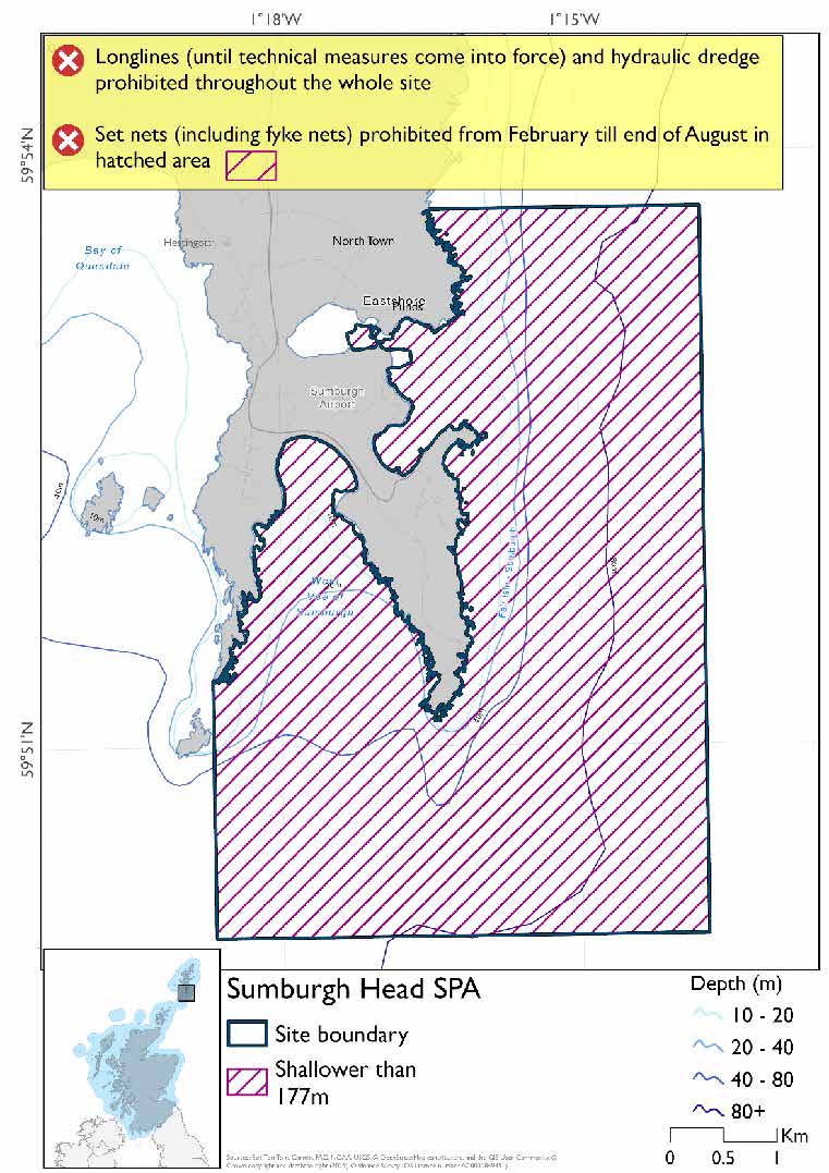 Map shows Sumburgh head SPA, covering the waters extending south from the western edge of the West Voe of Sumburgh around Sumburgh head and a short way north of Eastshore and Punds.It does not include the Pool of Virkie. The entire area is shallower than 177m. Throughout the site set nets (including fyke nets) are prohibited February to end August. Longlines (until technical measures come into force) and hydraulic dredges are prohibited year-round.