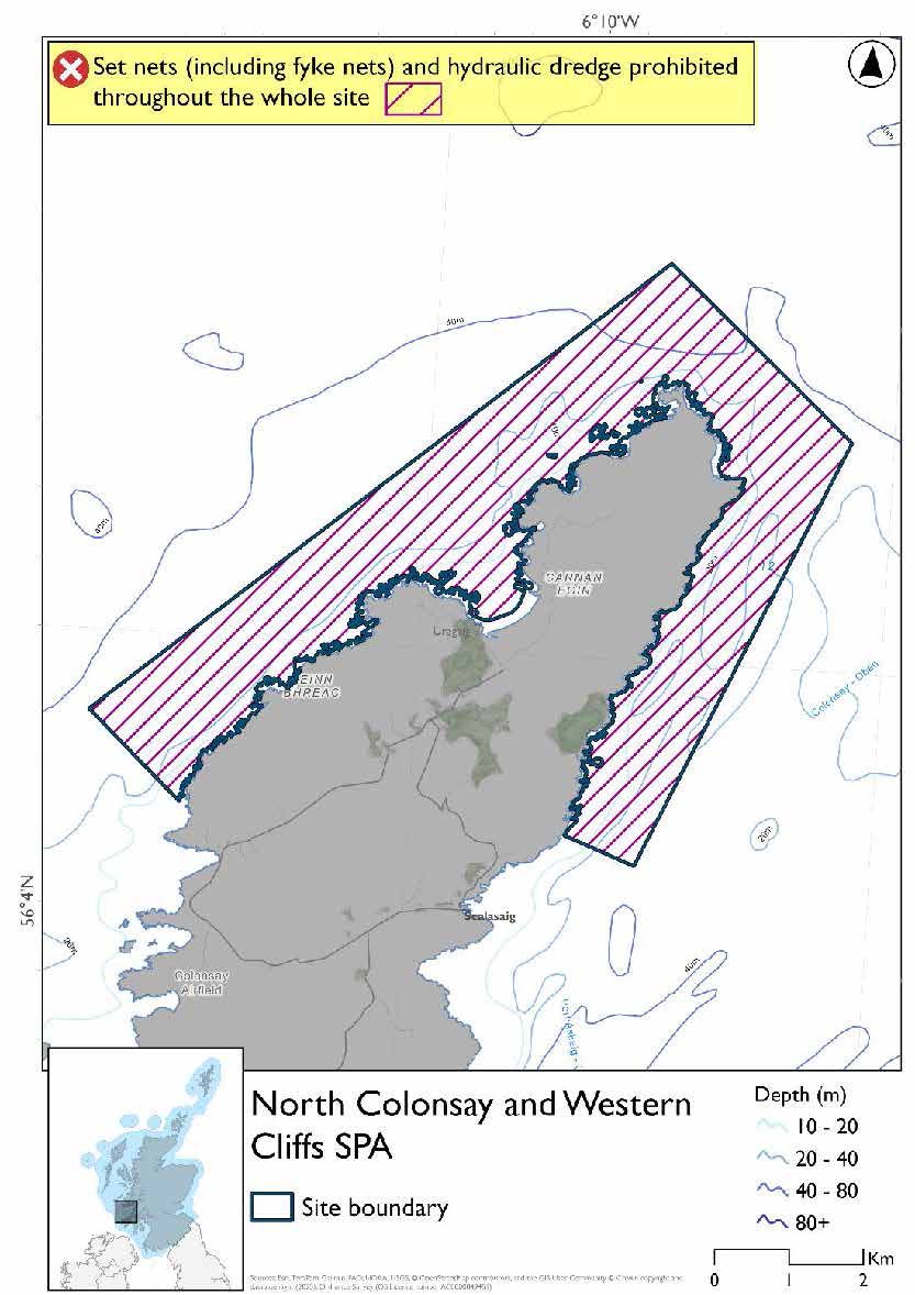 Map shows North Colonsay and Western Cliffs SPA, an area of waters immediately off the northern and northwestern coast of Colonsay. The entire site is less than 177m deep. Throughout the site set nets (including fyke nets) and hydraulic dredges are prohibited year-round.