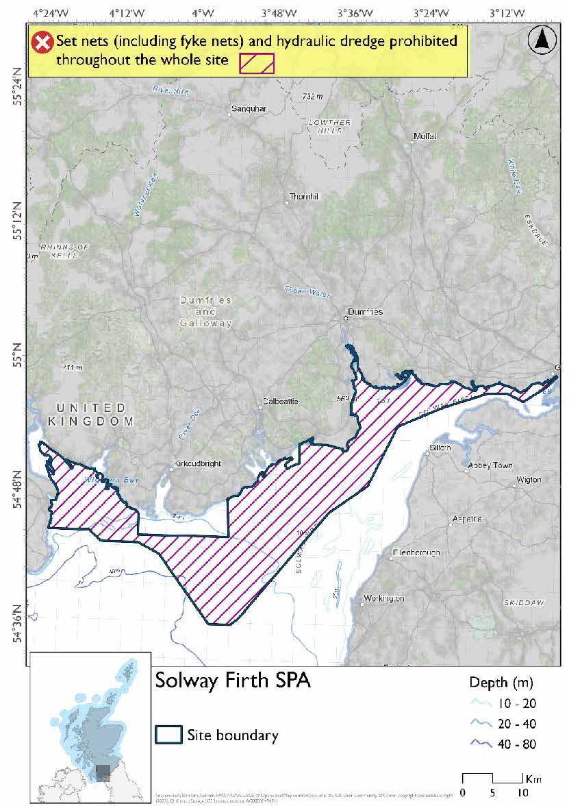 Map shows Solway Firth SPA, an area extending from the coast of Dumfries and Galloway from Carsluith to Gretna, aside from a small area directly adjacent to the coast near Kircudbright. Set nets (including fyke nets), and hydraulic dredges are prohibited throughout the site.
