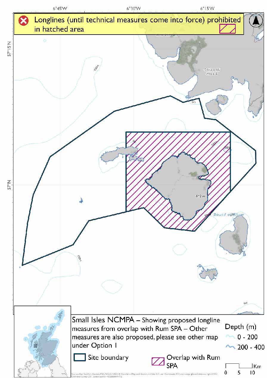 Longline Map: Map shows option 1 longline prohibition for the Small Isles Nature Conservation Marine Protected Area (NCMPA) from the overlap with the Rum SPA. The site is located around Canna and Sanday and Rum. This is to accompany the other map showing other fisheries management measures from the Small Isles NCMPA. The site includes a large shaded area around Rum and part of Canna and Sanday to show where longlines would be prohibited. Depth shading indicates zones from 10-200 and 200-400m.