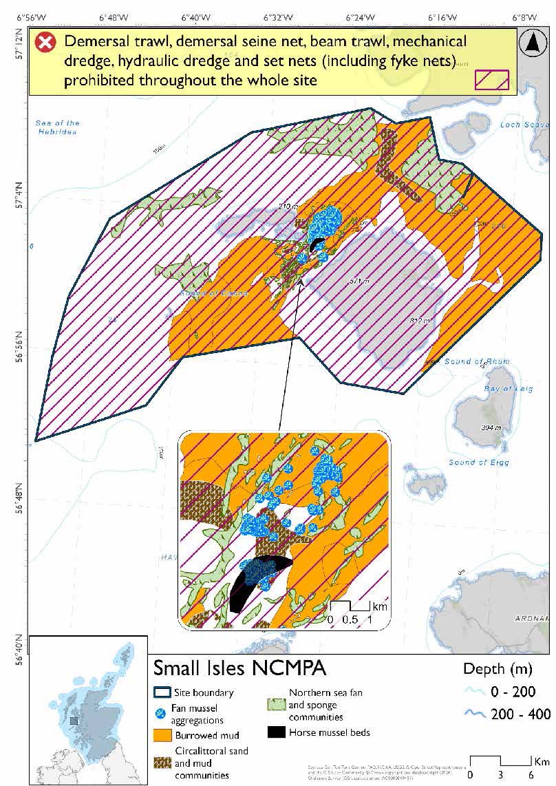 Option 2 map shows the Small Isles Nature Conservation Marine Protected Area (NCMPA) covering the waters surrounding Canna and Sanday, and Rum. Large areas of burrowed mud surround the northern, eastern and western coasts of Rum, stretching towards the edge of the MPA to the east and north. To the west they stretch past Canna and Sanday. Between Rum and Sanday there is a mixture of burrowed mud, circalittoral sand and mud communities and a horse mussel bed. A concentration of Fan mussel point records exists in this area, primarily north of the horse mussel beds but also across it  with two further records to the south. North of rum there is another circalittoral sand and mud communities area. Northwest and southwest of Canna and Sanday there are two northern sea fan and sponge communities, with two larger such communities north of Rum. There is a full site prohibition of all demersal mobile gear and set nets (including fyke nets).