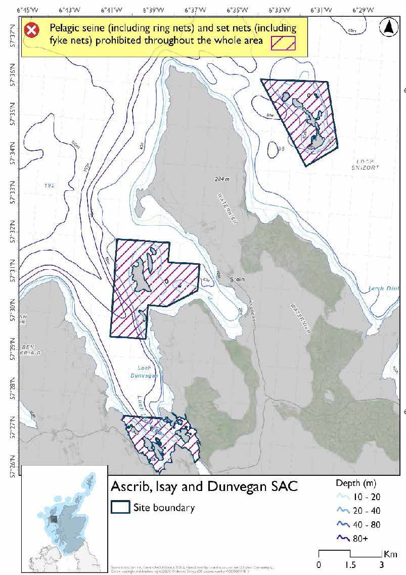 Single option map of Ascrib, Islay and Dunvegan Special Area of Conservation (SAC) in Scotland, showing conservation boundaries, depth contours, and highlighted areas covering the full site where set nets (including fyke nets) and pelagic seine (including ring nets) would be prohibited.