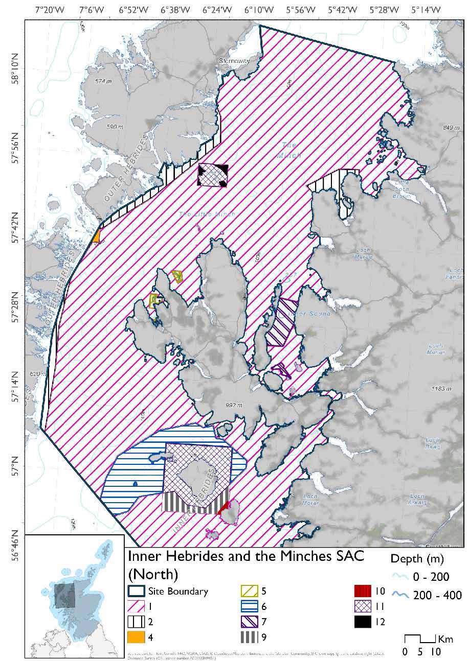 Option 1 map shows the North part of the  Inner Hebrides and the Minches Special Area of Conservation (SAC), covering waters off the west coast of Scotland. Depth contour lines at 0–200 m and 200–400 m. Hatched areas within the boundary represent fisheries management measures which vary across the site for set nets, fyke nets, hydraulic dredge and longlines.