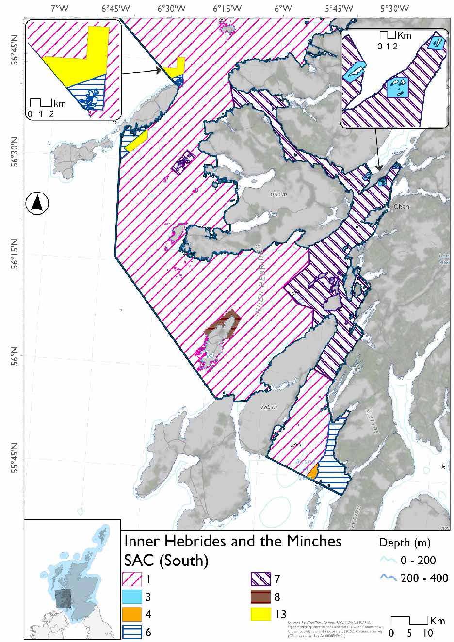 South: Option 1 South map shows the Inner Hebrides and the Minches Special Area of Conservation (SAC) from its southern extent by Jura as far north as the southern extent of the Small Isles. Depths very but do not exceed 400 m. The area is divided into 7 zones, the measures for which are not defined on the map.