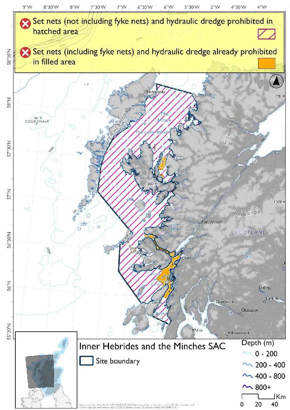 Option 2 map shows the Inner Hebrides and the Minches Special Area of Conservation (SAC), covering waters off the west coast of Scotland covering North and South Minch. Depth contour lines at 0–200 m and 200–400 m. Hatched areas within the boundary represent full site closure to set nets (not including fyke nets) and hydraulic dredge and areas currently closed to hydraulic dredge and set nets.