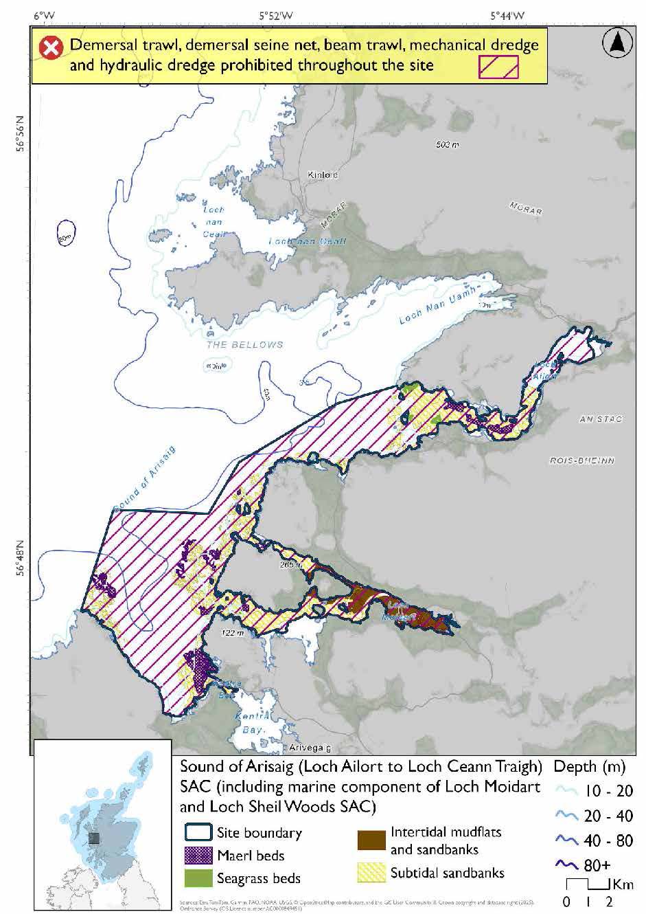 Option 2 map of Sound of Arisaig SAC (includes marine part of Loch Moidart and Loch Shiel Woods SAC). There are subtidal sandbanks around the inlets and sea lochs, and outer areas which get deeper than 40m. Loch Moidart is largely composed of intertidal mudflats and subtidal sandbanks. The sandbanks have maerl beds and segrass beds present in the northern part of the site, with maerl beds present also in the southern section. The whole site is covered by measures prohibiting demersal trawl and seine, beam trawl, mechanical dredge and hydraulic dredge.