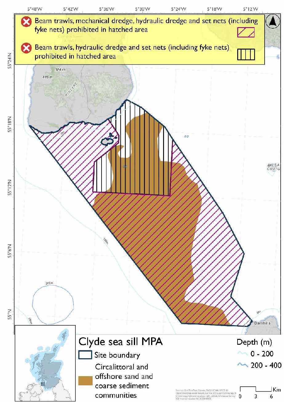 Option 1 map shows Clyde Sea Sill Nature Conservation Marine Protected Area (NCMPA), an area covering the waters between the southern Mull of Kintyre and Corsewall Point. Circalittoral and offshore sand and coarse sediment communities cover much of the centre of the NCMPA. Hydraulic dredge, set nets (including fyke nets), and beam trawls are prohibited throughout the area. Mechanical dredges are prohibited in an area covering the northeast of the NCMPA.