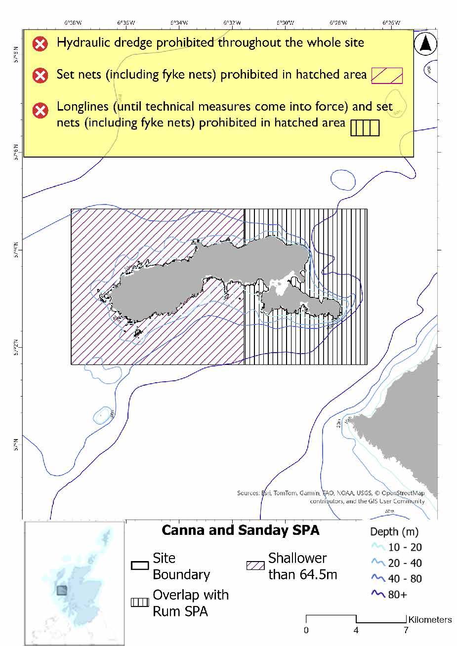 Map shows Canna and Sanday SPA, a rectangular area surrounding the islands of Canna and Sanday in the small isles. The entire area is shallower than 64.5m,  with set nets (including fyke nets) and hydraulic dredges prohibited throughout. Longlines (until technical measures come into force) are prohibited through the overlapping area with the Rum SPA.