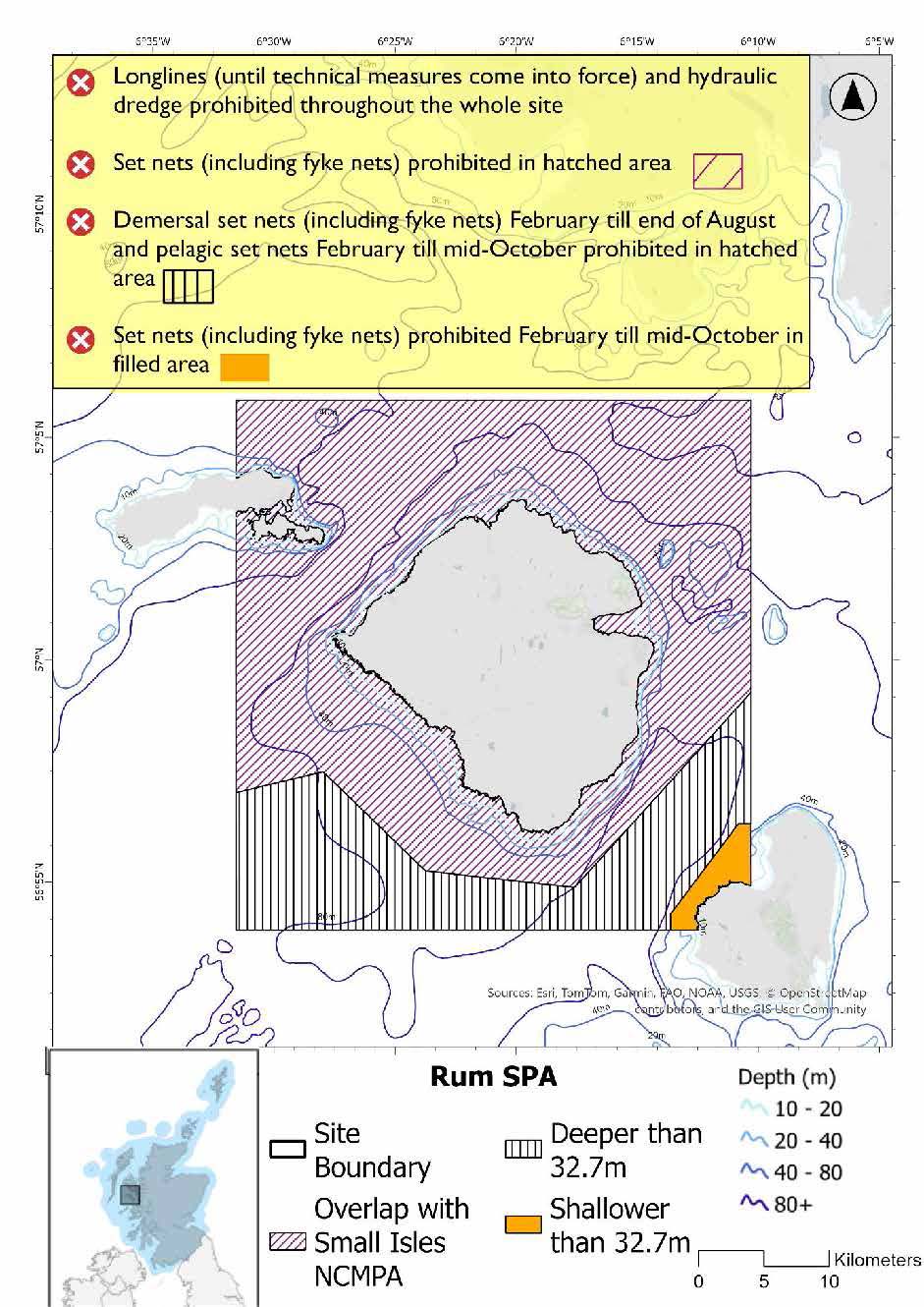Map shows Rum SPA, a rectangular area surrounding Rum and extending as far as Eigg in the southeast and Canna and Sanday in the northwest. Aside from an area to the southwest of Rum and the centre of the Sound of Rum the area  overlaps with the Small Isles NCMPA. In this area set nets (including fyke nets) are prohibited. Outside this in areas shallower than 32.7m set nets (including fyke nets) prohibited February till mid-October. In  areas  deeper than 32.7m demersal set nets (including fyke nets) are prohibited February to end of August, and pelagic set nets prohibited February to mid-October.  Throughout the site longlines (until technical measures come into force) and hydraulic dredges are prohibited year round.