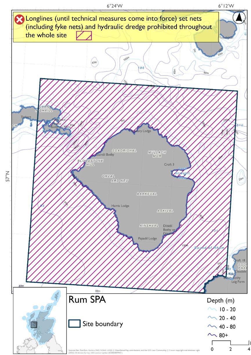 Map shows Rum SPA, a rectangular area surrounding Rum and extending as far as Eigg in the southeast and Canna and Sanday in the northwest. Set nets (including fyke nets), longlines (until technical measures come into force) and hydraulic dredges are prohibited throughout the site.