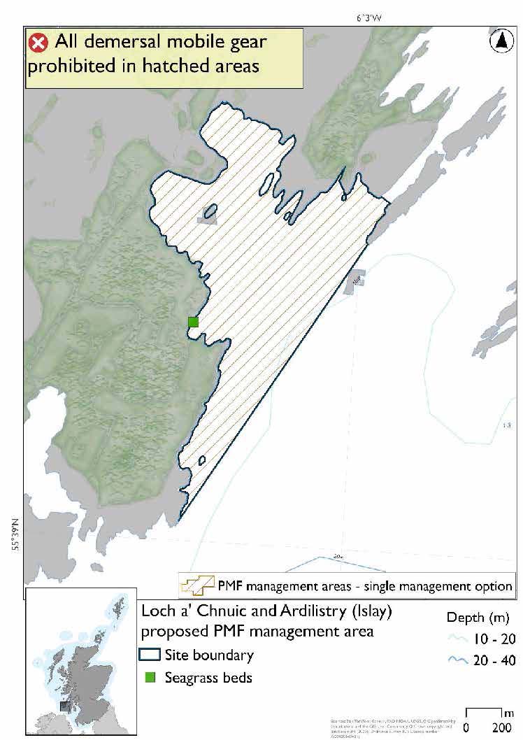Map showing the area proposed for closure covering the whole of Loch a' Chnuic, with a seagrass bed record marked in the southeast of the bay