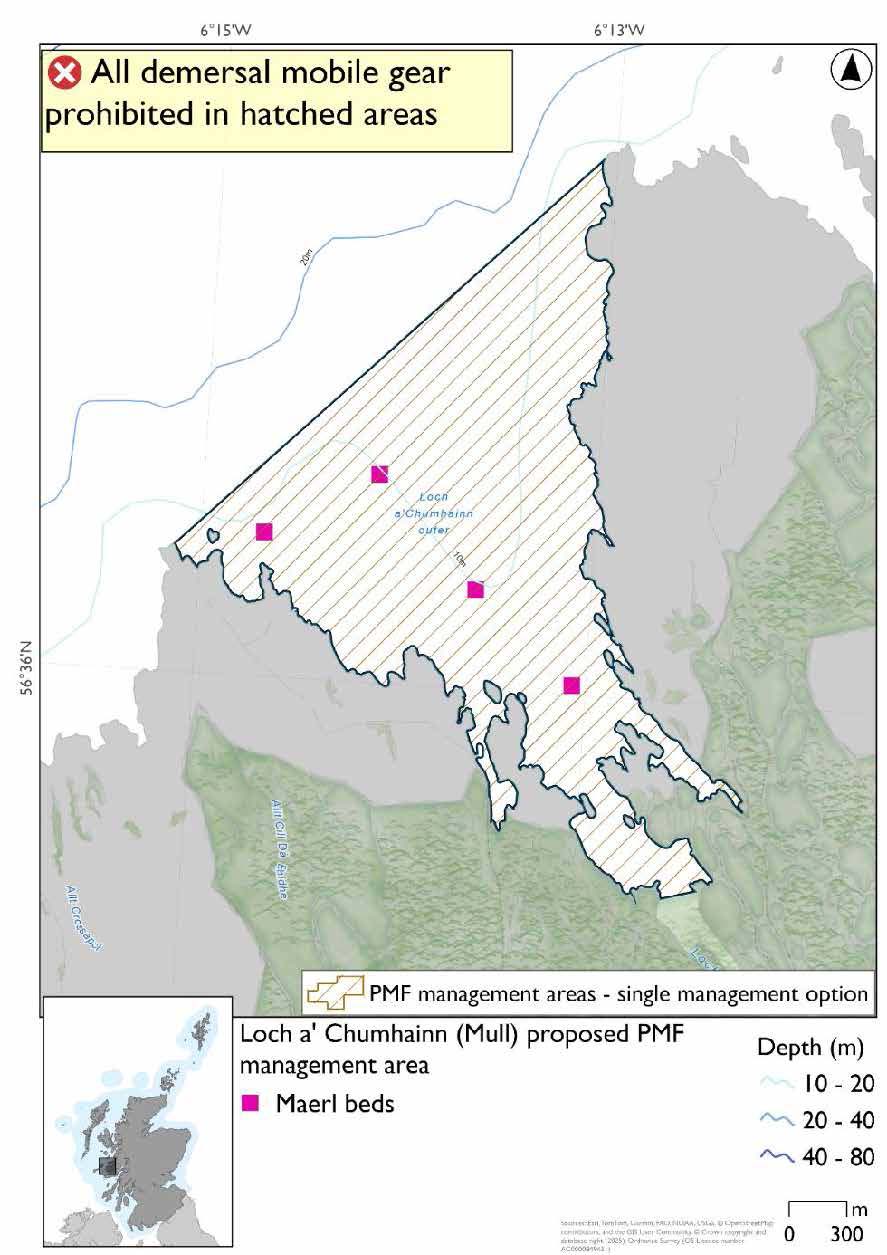 Map shows area to be restricted extending from the head of Loch a' Chumhainn to its outermost extent. Maerl bed records are evident along the centre and south of the loch.