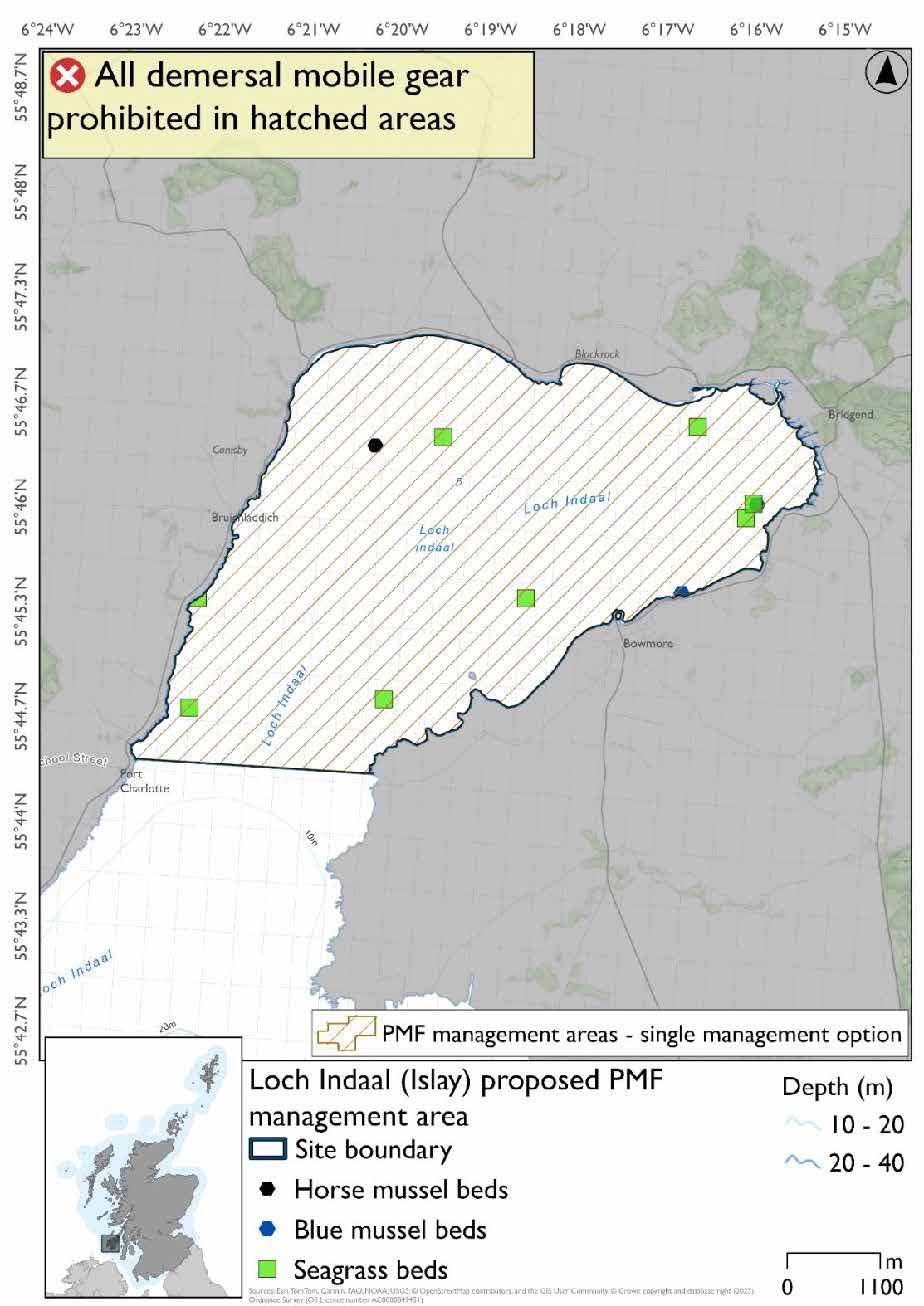 Map showing area for restrictions extending through Loch Indaal as far south as Gartbreck. Seagrass records are evident throughout the area, with horse mussels in the north and blue mussels on the eastern coastline.