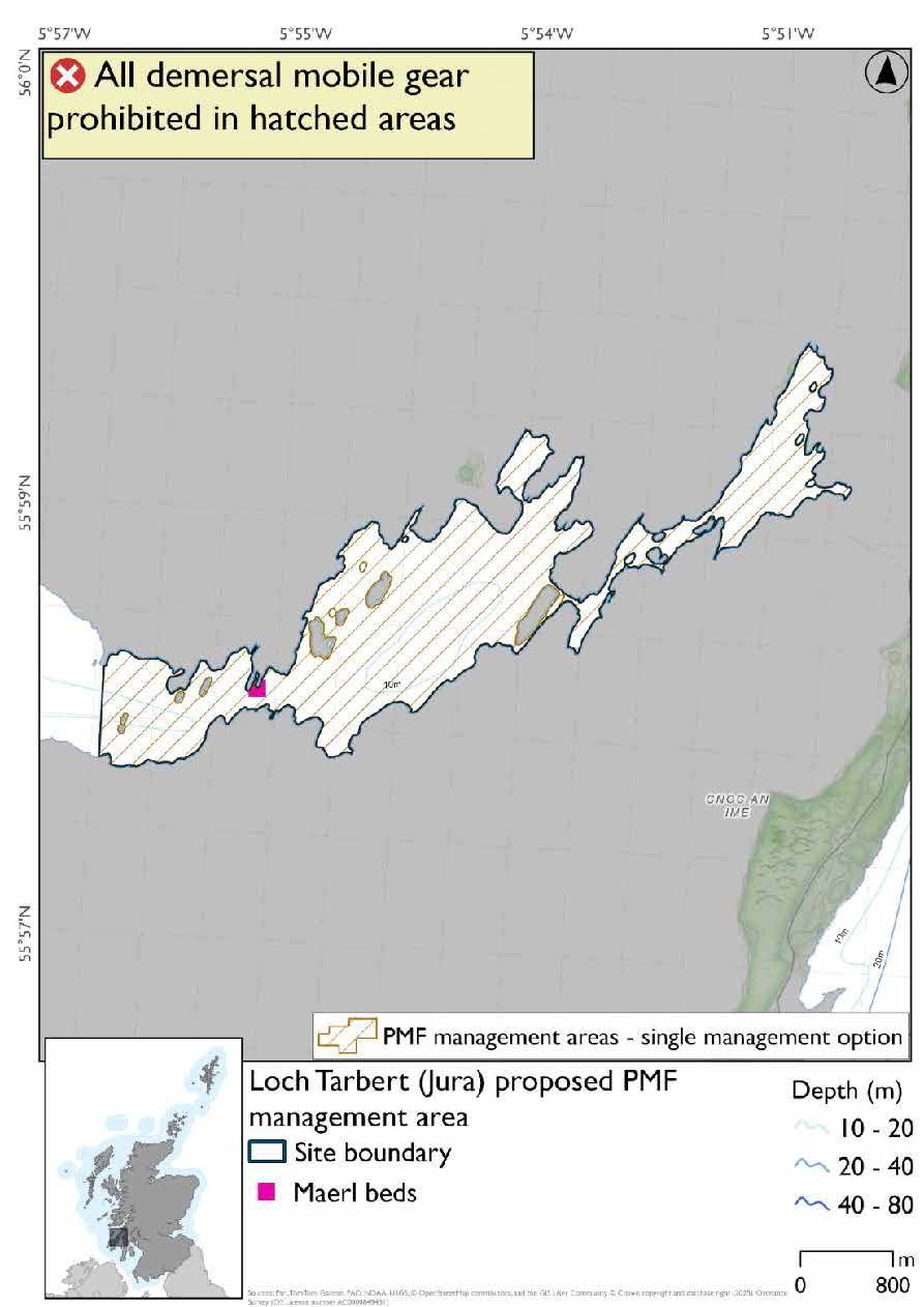 Map showing restrictions will apply to the inner section of Loch Tarbert. A confirmed maerl bed record is evident in the narrowest section of the loch