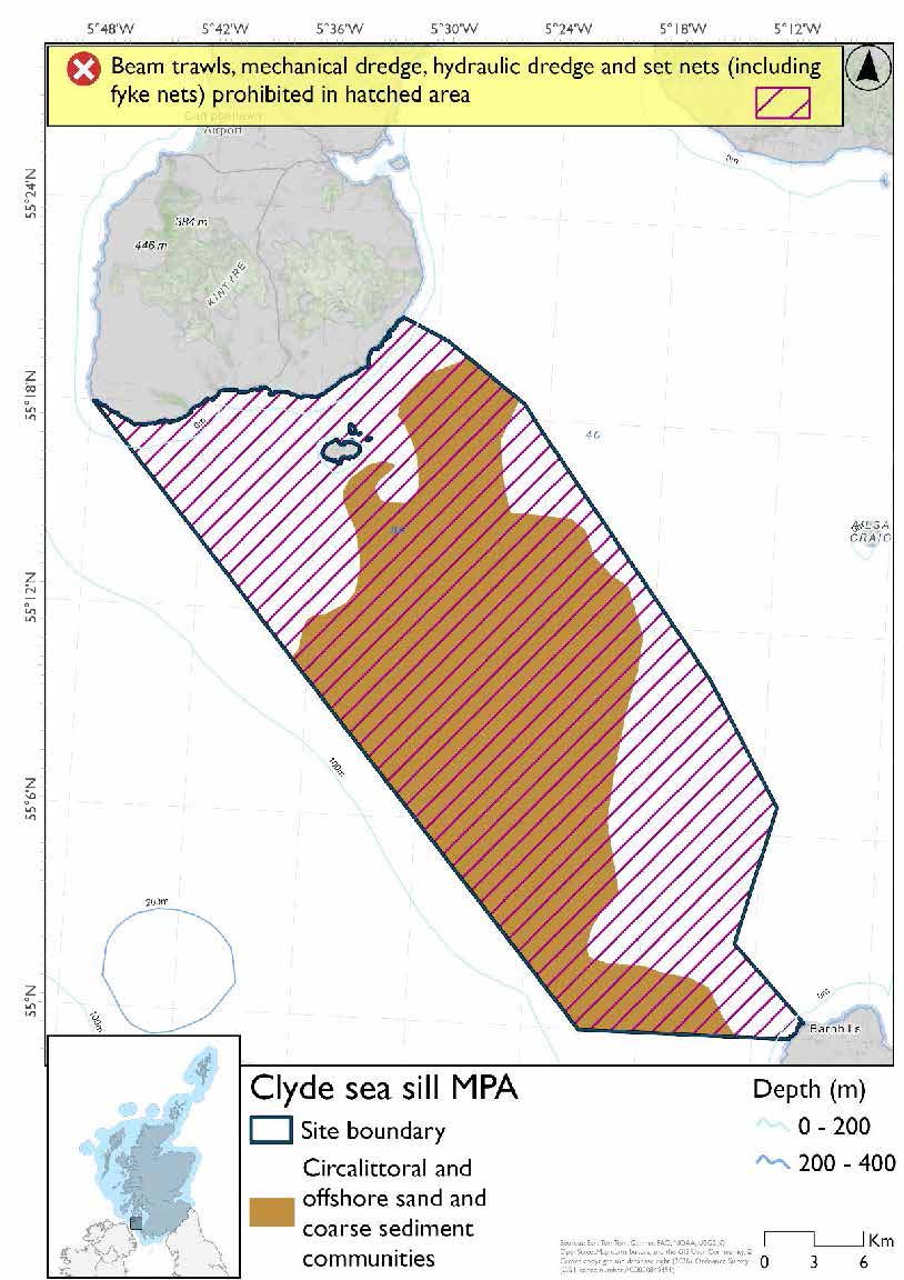 Option 2 map shows Clyde Sea Sill Nature Conservation Marine Protected Area (NCMPA), an area covering the waters between the southern Mull of Kintyre and Corsewall Point. Circalittoral and offshore sand and coarse sediment communities cover much of the centre of the NCMPA. Across the full area hydraulic dredges, set nets (including fyke nets), beam trawls and mechanical dredge are prohibited. 