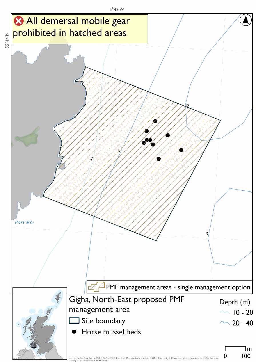 Map showing a rectangular area extending from the northeast of Gigha where measures will be implemented. Horse Mussel bed records are evident in the northeastern part of the area
