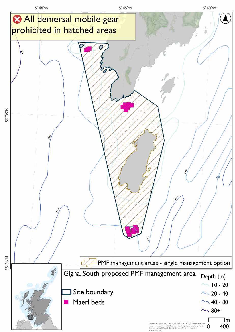 Map showing protected area to extend from the southeast of Gigha to fully encompass Cara. Maerl bed records are evident south of Cara,  just south of the Gigha coast, and in the northeast of the protected area