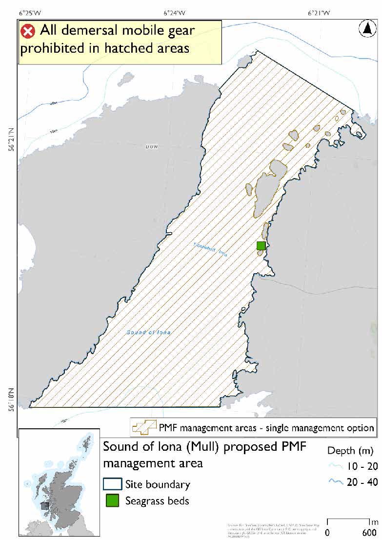 Map shows the area for measures extending between Iona and Mull, and slightly beyond the north of Iona. There is a confirmed seagrass bed record just north of Fionnphort
