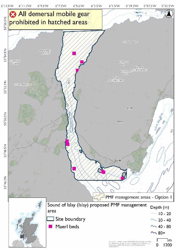 Map showing the area to be closed covering the sound between Islay and Jura, extending slightly round the south coast of Jura. Maerl bed records are evident in south of the sound and by the islets south of Jura, and in the north of the sound.