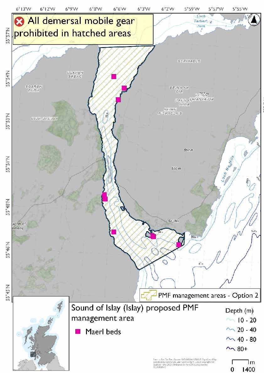 Map showing area to be closed covering the sound between Islay and Jura, extending south and east past the mouth of the sound. Maerl bed records are evident in south of the sound and by the islets south of Jura, and in the north of the sound.
