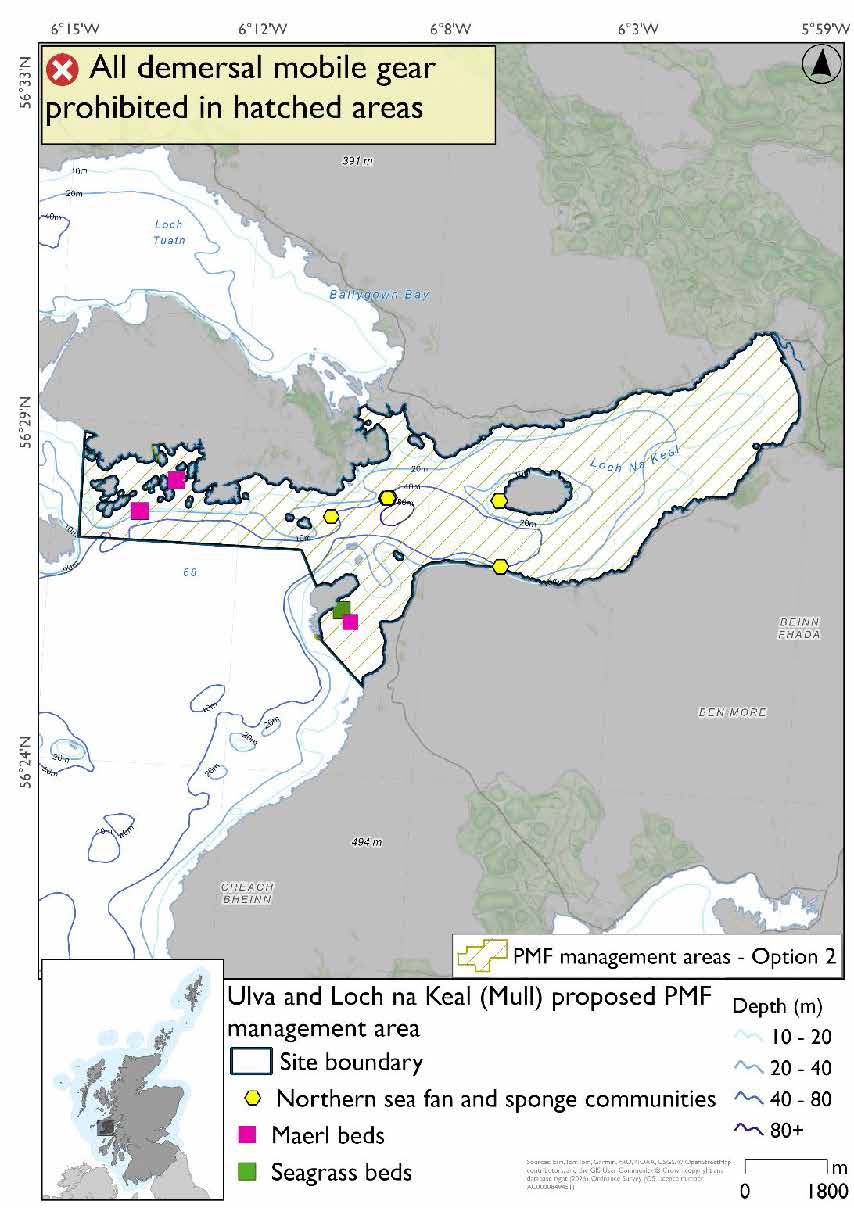 Map showing a continuous area for measures extending from the head of Loch na Keal across the south coast of ulva, and into the strait between inch Kenneth and Gribun. Maerl beds are evident in the area south of Ulva, with northern sea fan and sponge communities in the mouth of the loch and a seagrass record and maerl record in the area by Inch Kenneth.