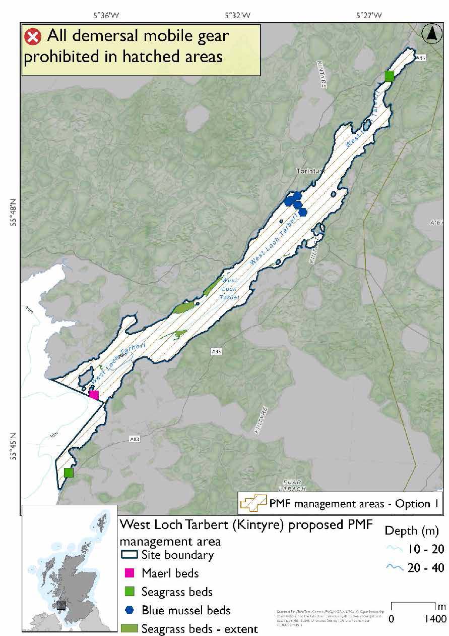 Map shows area to be protected extending through West Loch Tarbert to the mouth of the loch and sliver by the coast to the south. A Maerl bed record is evident in the mouth of the loch, with seagrass at the head of the loch, in the southern portion along the northwestern coast, and in the southern sliver. A cluster of blue mussel beds are evident just southwest of Torinturk.