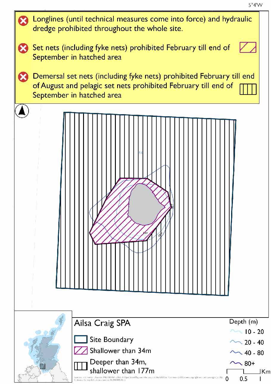 Map shows boundaries of Ailsa Crag SPA forming a square around the island. An area shallower than 34m immediately surrounds the island, stretching slightly further to the southwest, where set nets (including fyke nets) are prohibited February till end of September. The remainder of the area is deeper than 34m, where demersal set nets (including fyke nets) are prohibited February till end of August and pelagic set nets are prohibited February to end of September. Hydraulic dredges and longlines (until technical measures come into force) are prohibited throughout. 