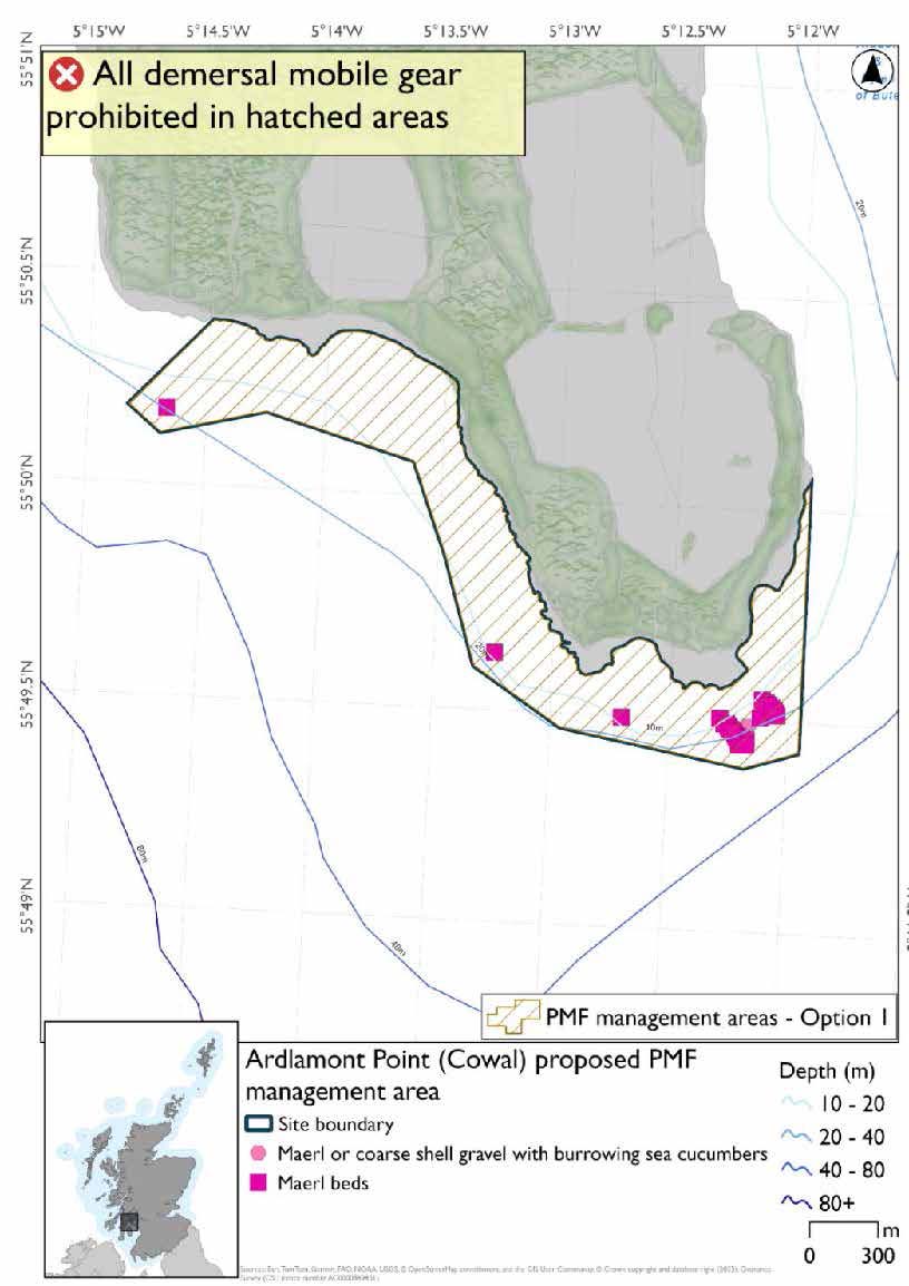 Map shows area to be protected surrounding the tip of Ardlamont point, following the coastline westwards a short way past Ardlamont house. Maerl bed records exist throughout the area, with a significant concentration in the southeast, alongside a maerl or coarse shell gravel with burrowing sea cucumbers record.