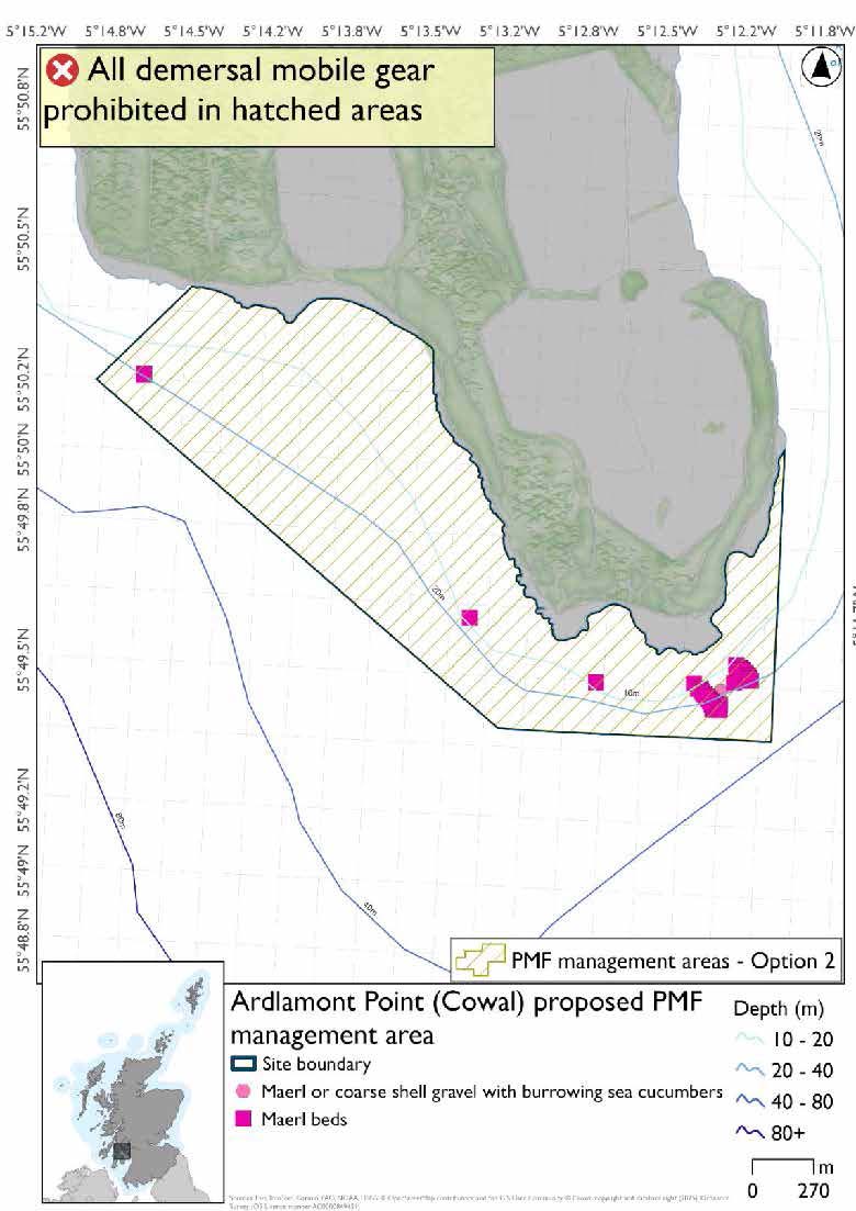 Map showing area to be protected extending from the waters around the tip of Ardlamont point northwest to the coast to the west of Ardlamont house. This area extends further from the coast than option 1. Maerl bed records exist throughout the area, with a significant concentration in the southeast, alongside a maerl or coarse shell gravel with burrowing sea cucumbers record.