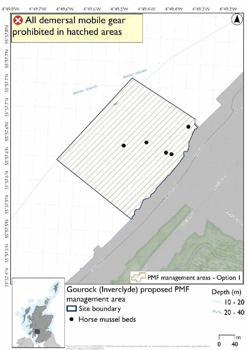 Map shows a small rectangular area off the coast of Gourock where measures will apply. Two horse mussel records are evident towards the centre of the area.