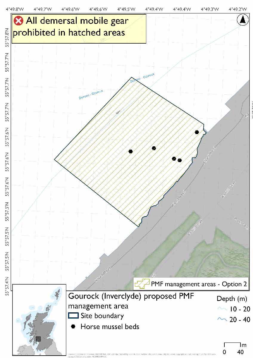 Map shows a rectangular area off the coast of Gourock where measures will apply, this extends slightly further into the sea than option 1. Two horse mussel records are evident towards the centre of the area.