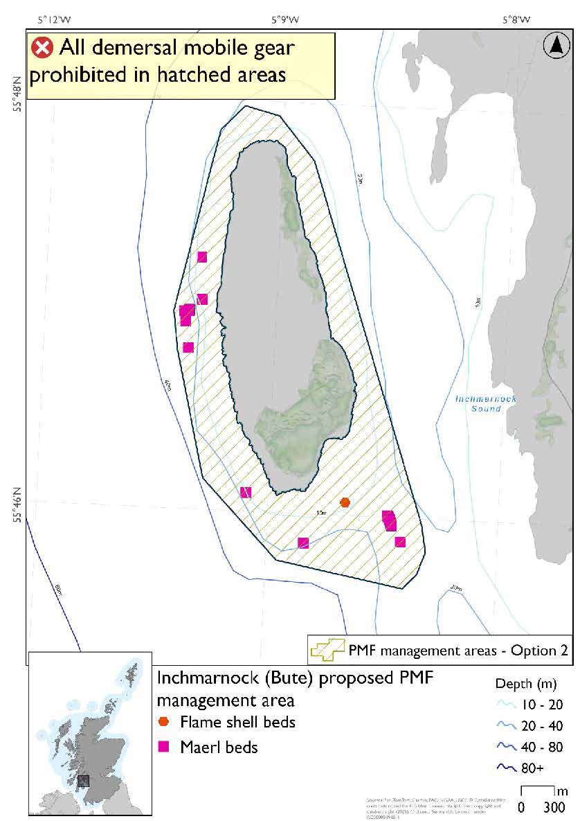 Map showing the area to be protected encircling Inchmarnock and the waters to the southeast. Maerl bed records are evident throughout the area, especially in the northwest and open waters in the southeast. A flame shell bed record is present in the southeast.